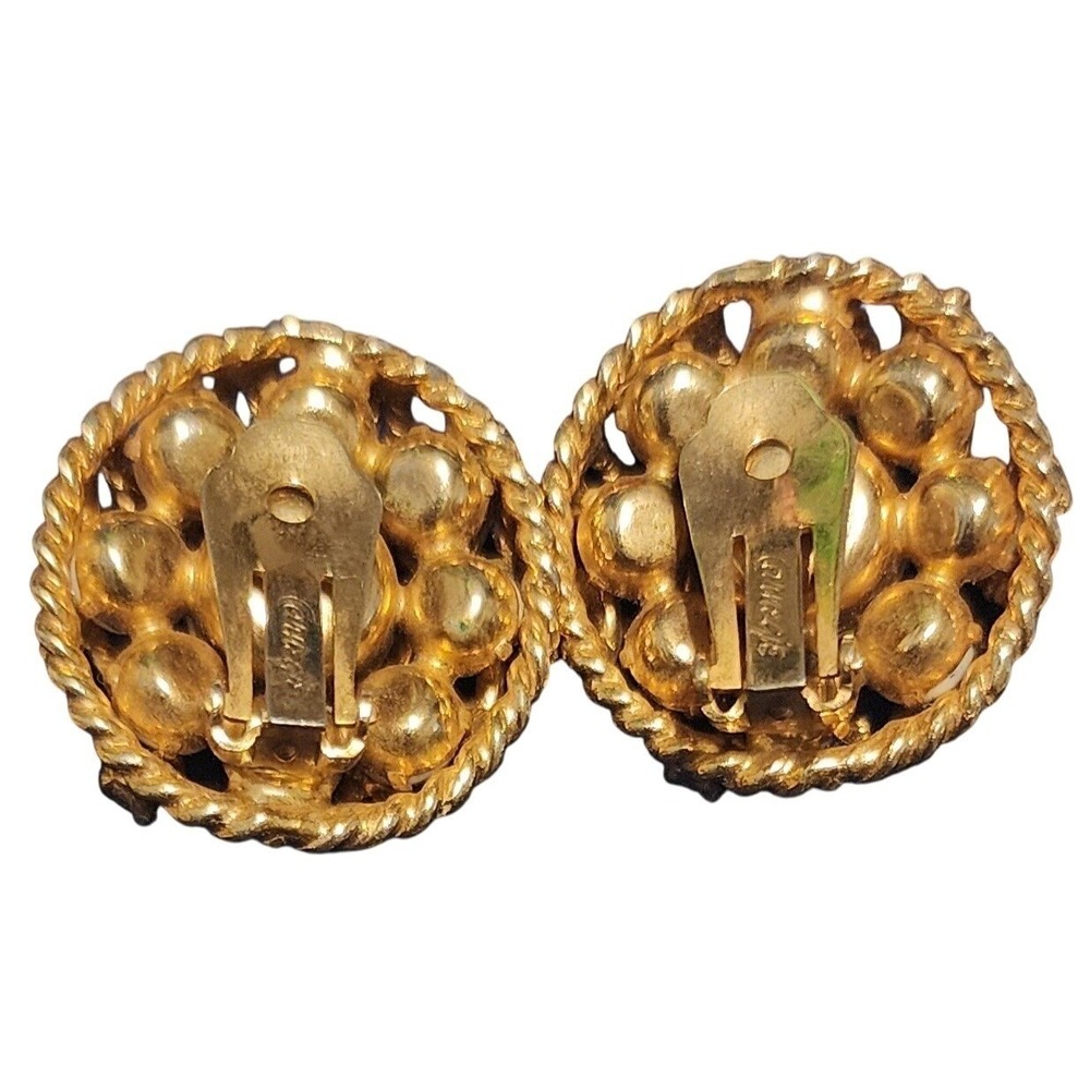 Vtg Hattie Carnegie Gold Tone Woven Pearl Clip On Earrings* SEE 1 Missing stone - Picture 3 of 6